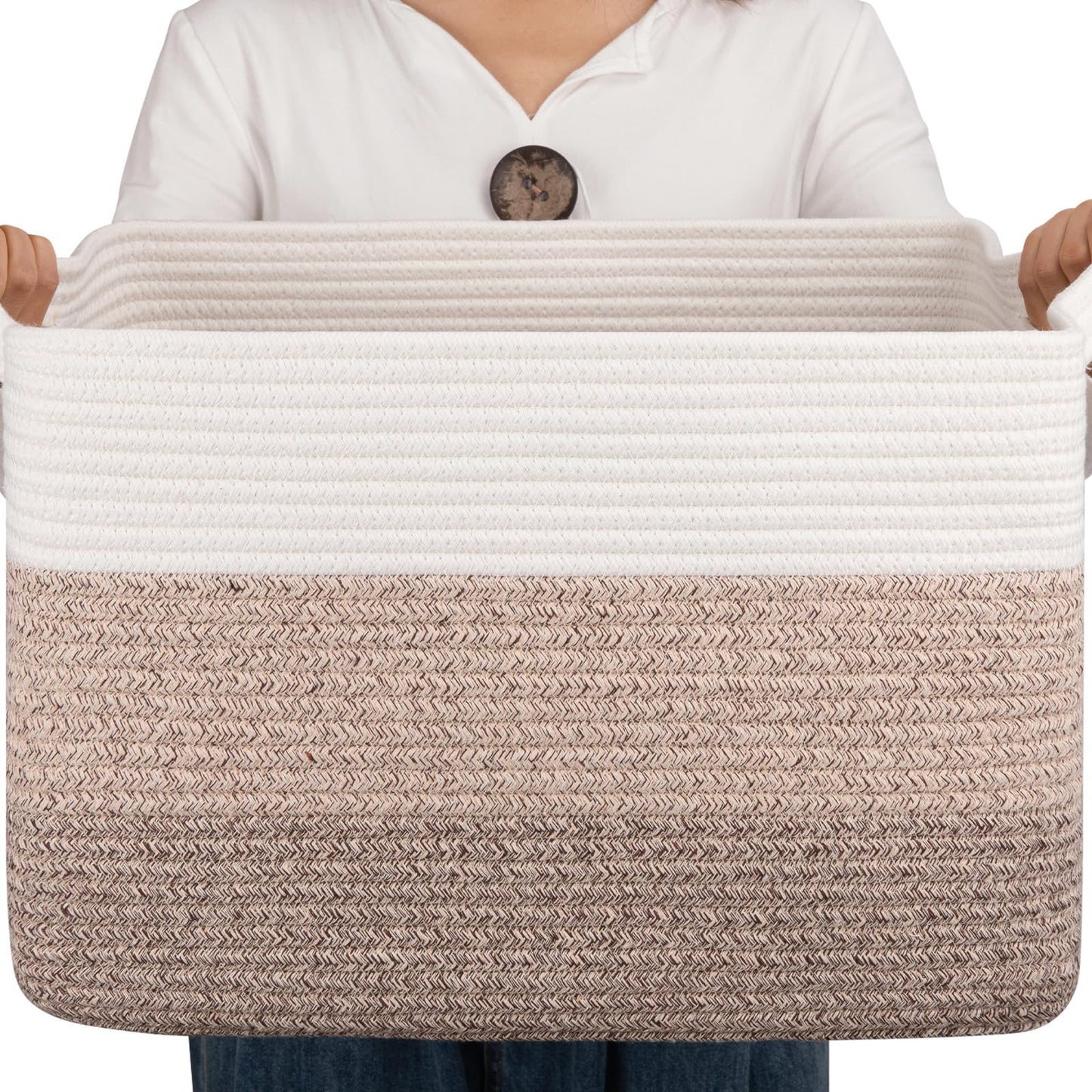 OIAHOMY Cotton Rope Basket, Rectangle Woven Baskets for Storage, Nursery Blanket Storage Living Room, Toy Basket With Handle-17.7”x13.8”x11”-Gradient Yellow