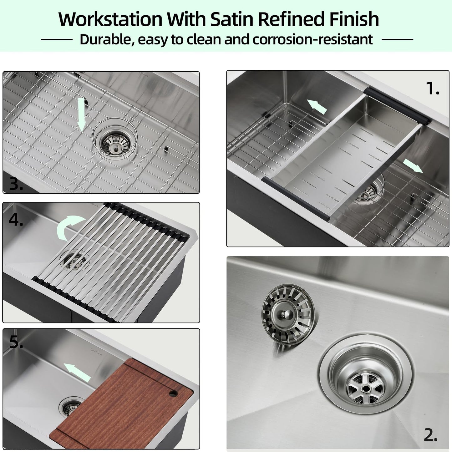 EcoChannels Undermount Kitchen Sink, 30 x 19 Inch Sink Kitchen 16 Gauge Stainless Steel Kitchen Sinks Single Bowl Workstation Sink with Cutting Board