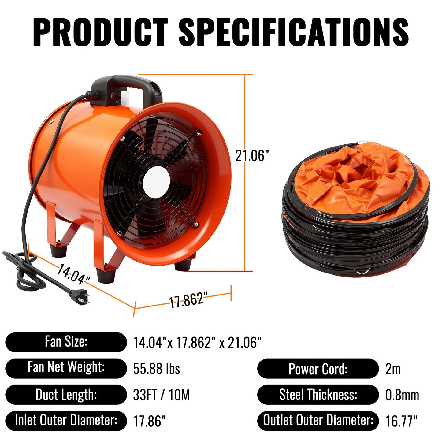 dreamdragon Upgraded 16-Inch Utility Blower Fan, Portable Industrial Exhaust Fan with 33ft Flexible Duct Hose, 3300 RPM Low-Noise Ventilator for Workshops Warehouses and Basements