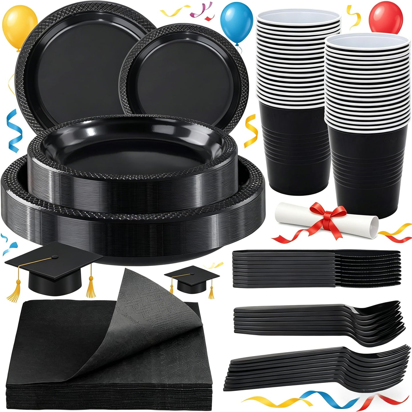WELLIFE 210 PCS Black Plastic Plates for 30 Guests - Disposable Dinnerware Set Including Dinner Plates, Dessert Plates, 12oz Cups, Cutlery & Napkins, Black Disposable Plates for Party and Birthdays