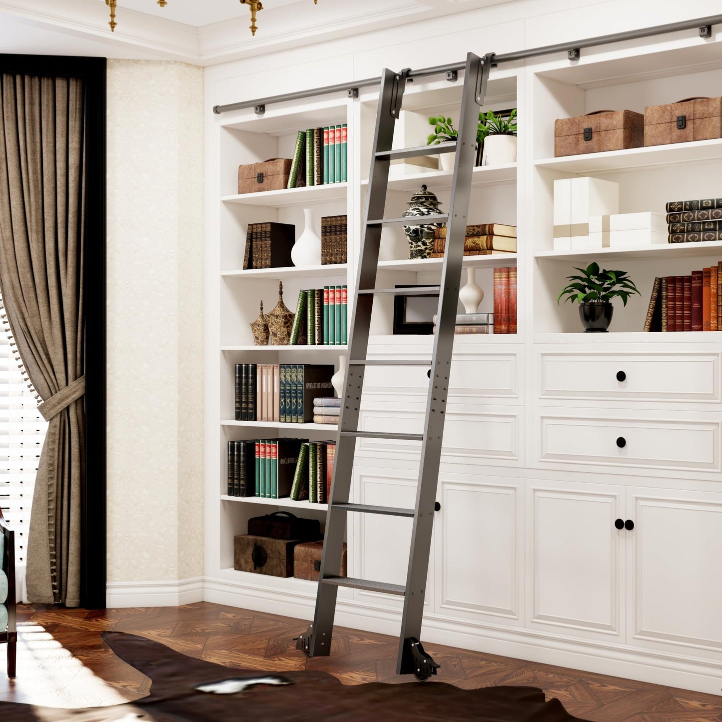 87" Sliding Library Ladder, Black +8FT Rolling Track Kit