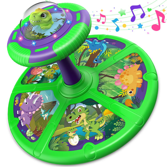 Flooyes Dinosaur Sit and Spin Toys for Toddlers Boys 1 2 3 Years Old, Birthday Gift for Boys Age 2-4 with LED Lights and Music, 360° Spin