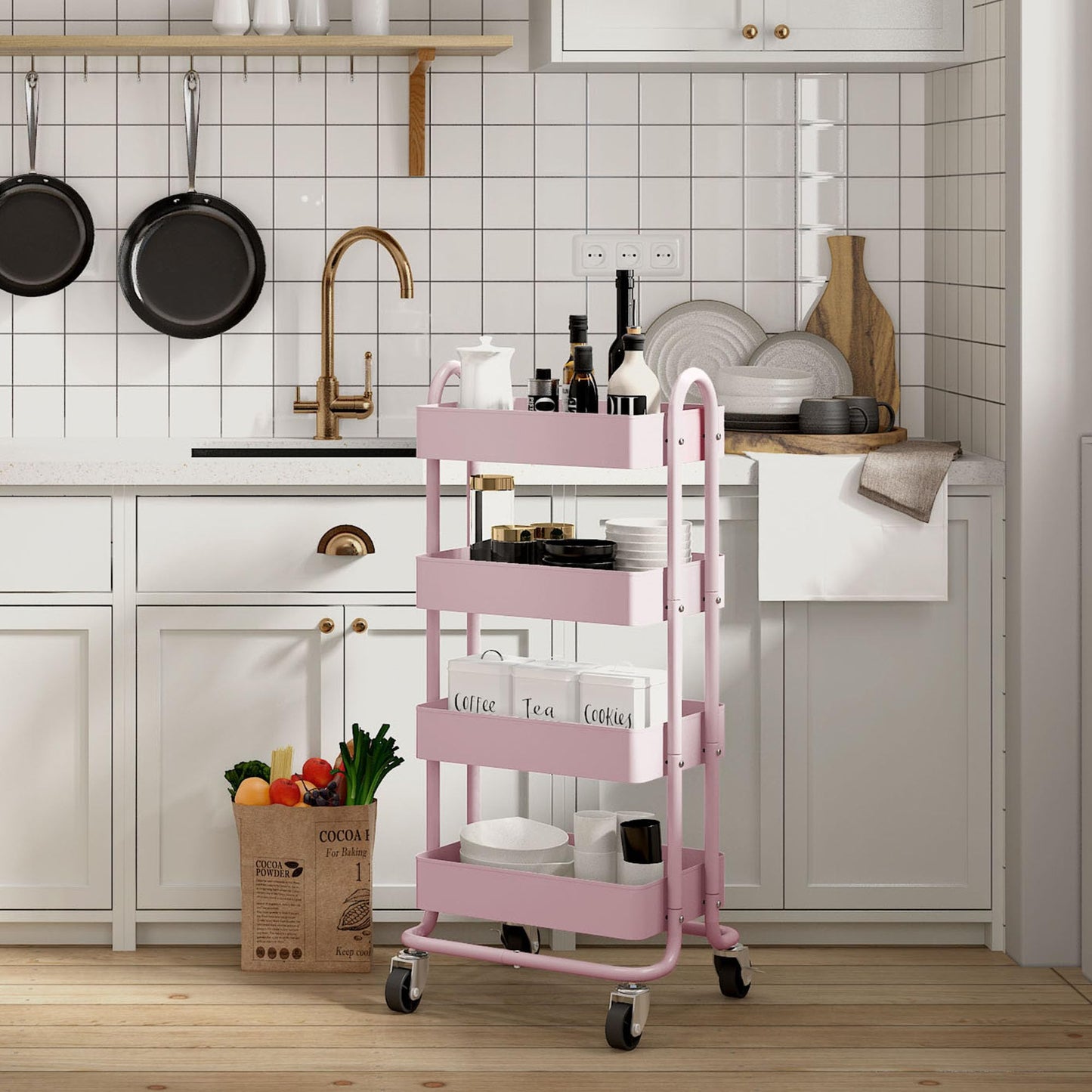Elitehouse 4 Tier Metal Rolling Cart Pink Utility Cart with Wheels,Rolling Pink Cart for Office,Home,Kitchen,Garden（13.4"x18.1"x40"）