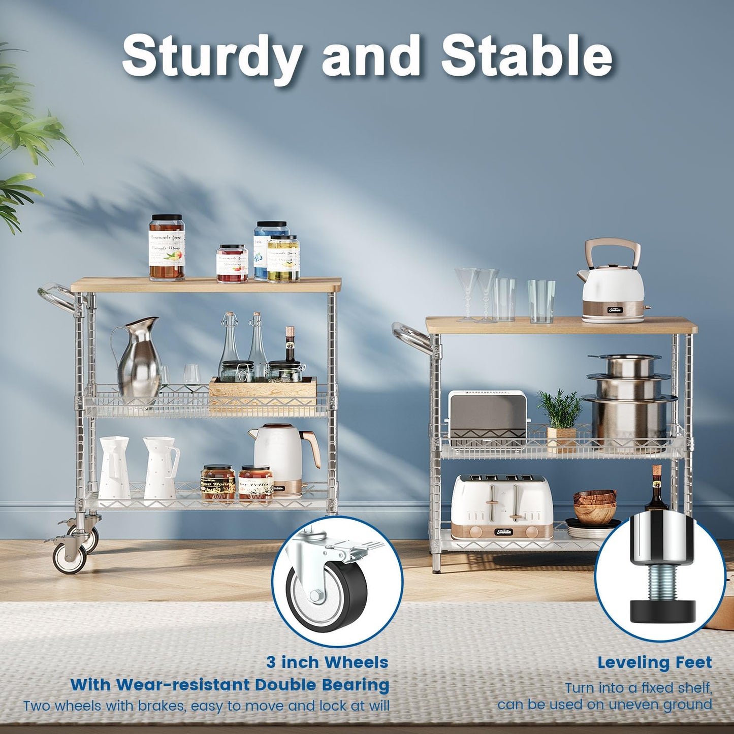 Leteuke Rolling Kitchen Carts with Wheels, 34" L x 17.5" W, 3-Tier Heavy Duty Utility Cart with Wood Tabletop, NSF Commercial Metal Serving Cart with Handle and Shelf Liner for Kitchen, Chrome