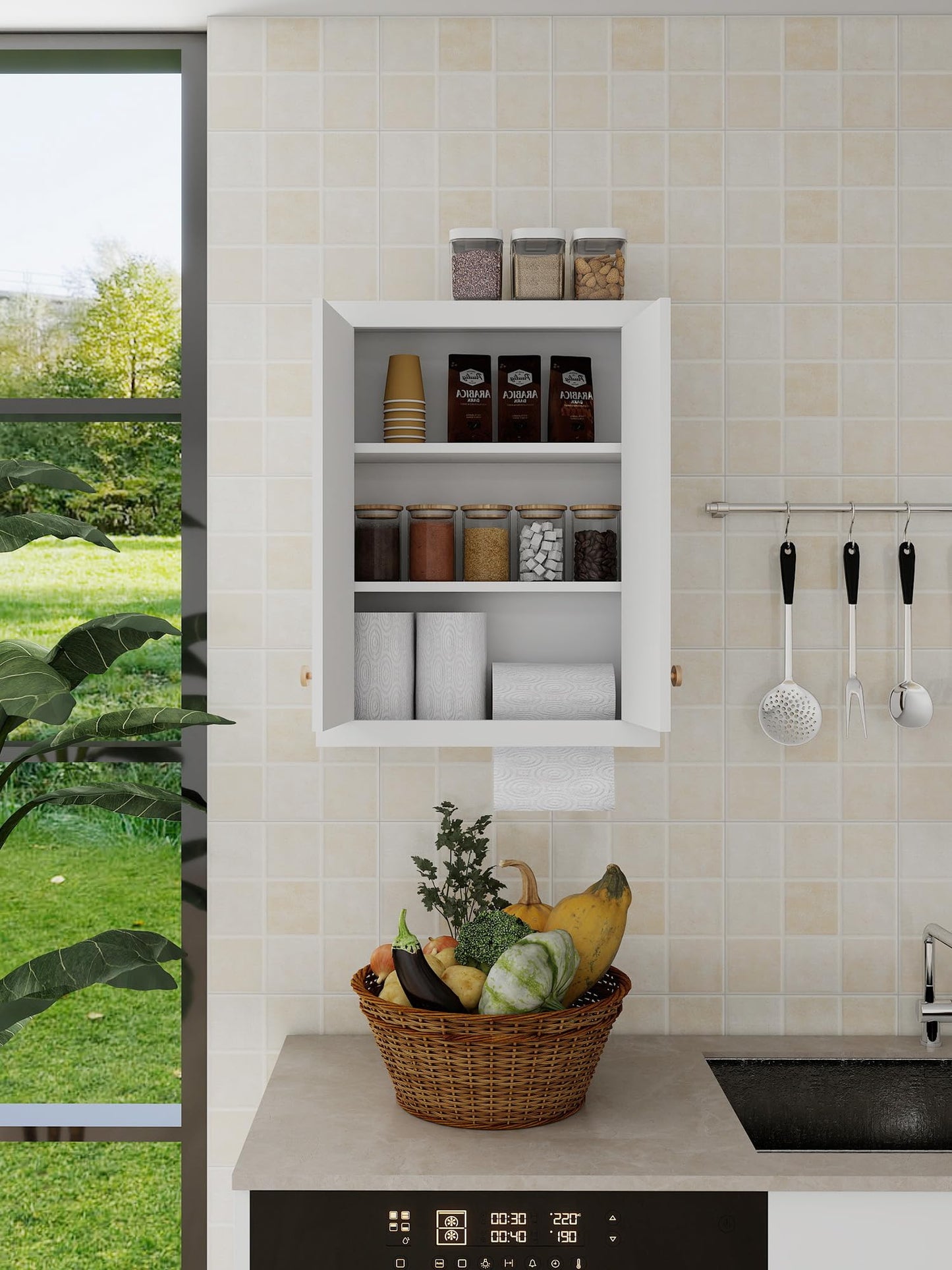 Over The Toilet Cabinet, Bathroom Storage Cabinet with Bottom Tissue Dispenser, 22"x28" Bathroom Wall Cabinet with Adjustable Shelves & Soft Close Doors, Above Toilet Cabinet with Gold Handles, White