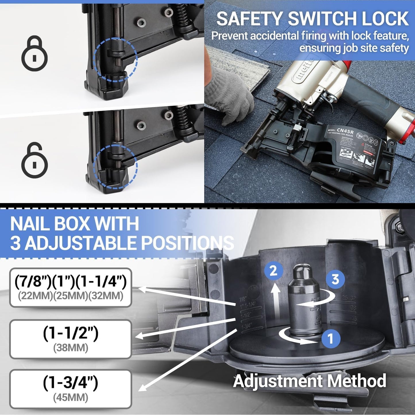 meite CN45R Coil Roofing Nailer 15 Degree Pneumatic Nail Gun for Asphalt Shingles Underlayment Decking Roof Repair, Air Roofing Nail Gun with Tool-Free Depth Adjustment Accepts 7/8" to 1-3/4" Nails