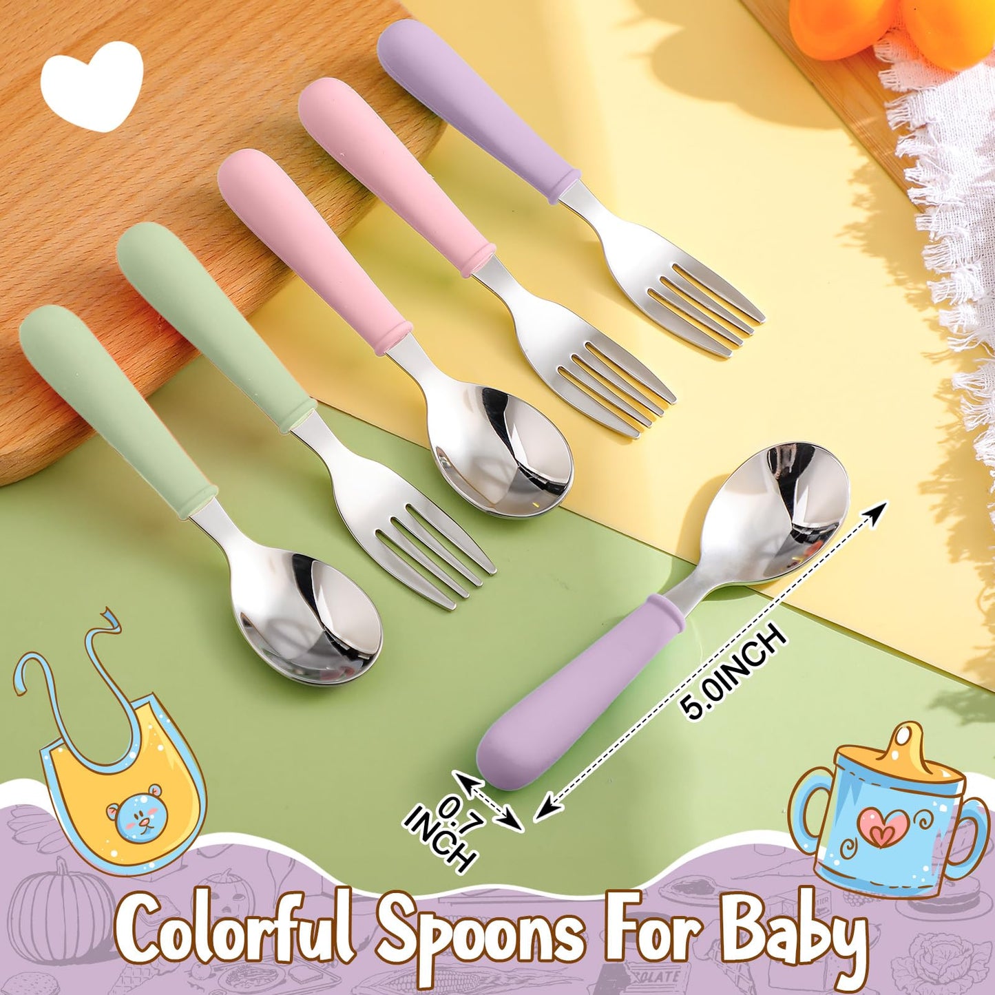 Teenyyou 3 Pack 8" Large Porcelain Toddler Plates Feeding Set, Ceramic Kids Suction Plates with Anti Slip Silicone Sleeve for Baby 3 Spoons and Forks Divided Kids (Green,Pink,Purple)