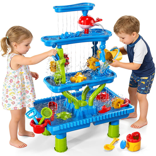 Sand Water Table, 4-Tier Rectangular Sand and Water Table for Toddlers 1.5+, Outdoor Splash and Play Activity Set for Boys and Girls Ages 2 3 4 5 6 7 8 Years, Indoor Outdoor Water Play Sensory Toys