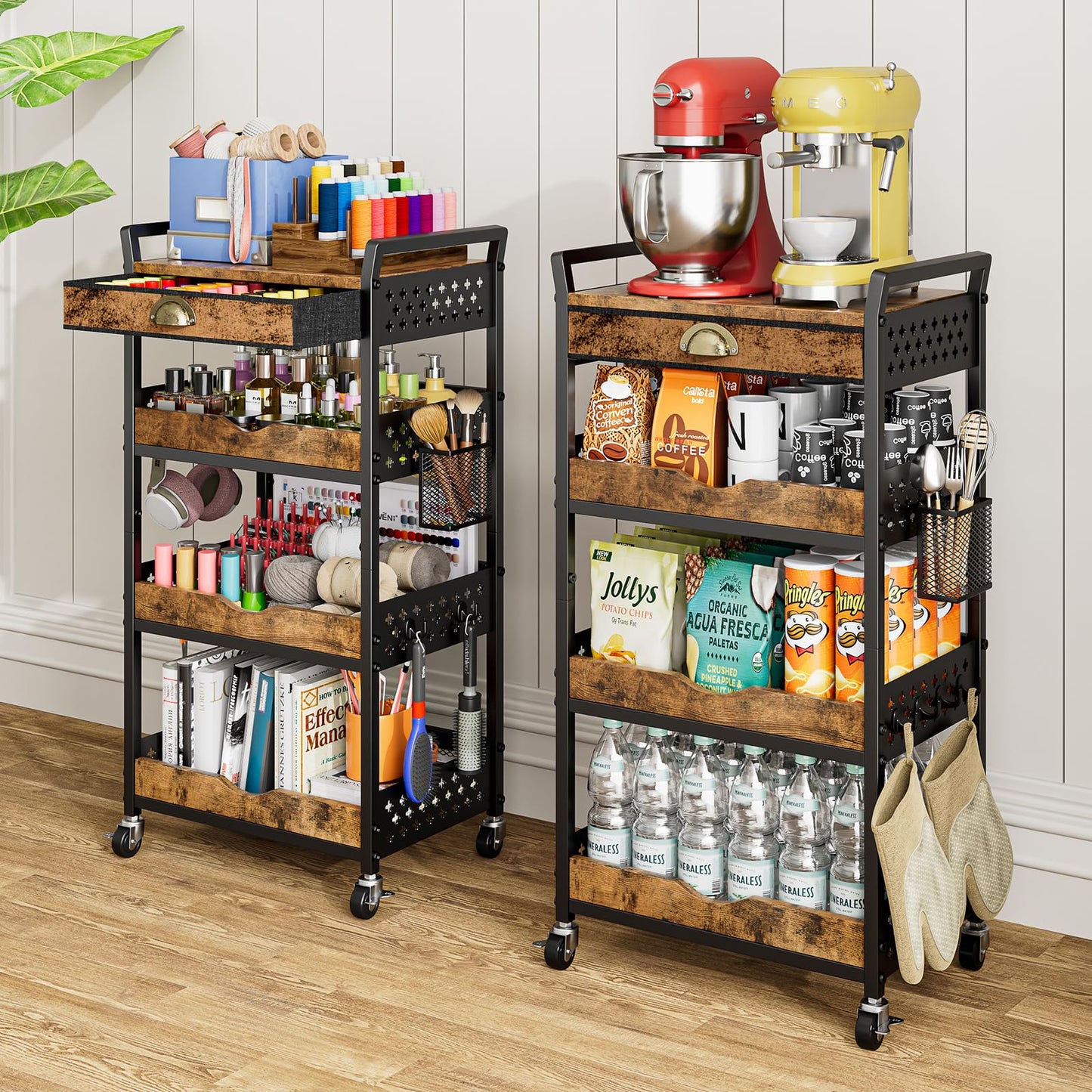 DYUTFZU 4-Tier Rolling Cart Organizer, Industrial Aesthetics Wood & Metal Utility Storage Cart with Pegboard, Drawer, Hanging Basket & Hooks for Kitchen, Craft Room, Bedroom, Bathroom, Coffee Station