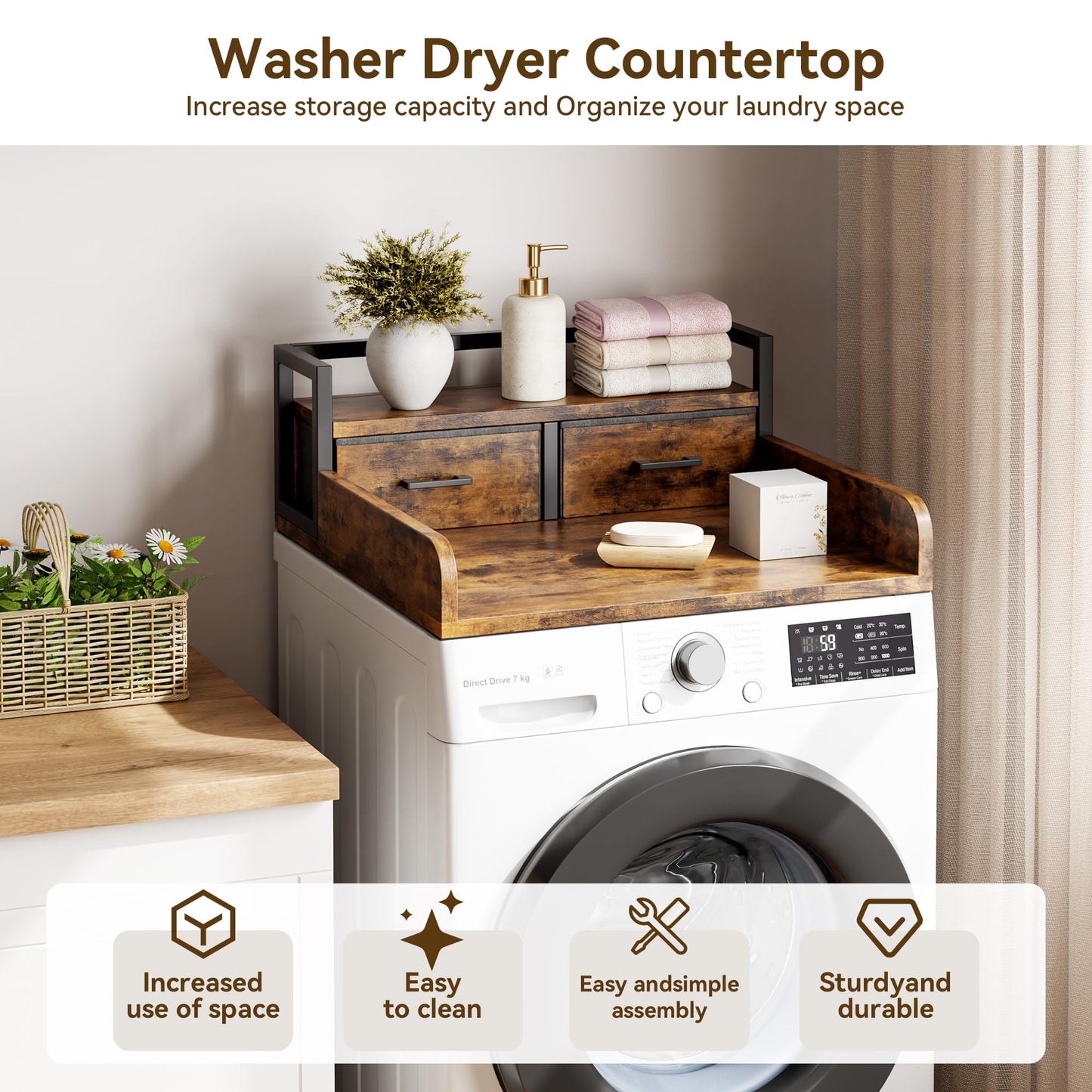 IDEALHOUSE 2-Tier Washer and Dryer Countertop with Shelf or Drawers, Laundry Countertop Cover with Non-Slip Pad, 54"X27.5" Laundry Topper for Folding Clothes Over Washer and Dryer-Retro