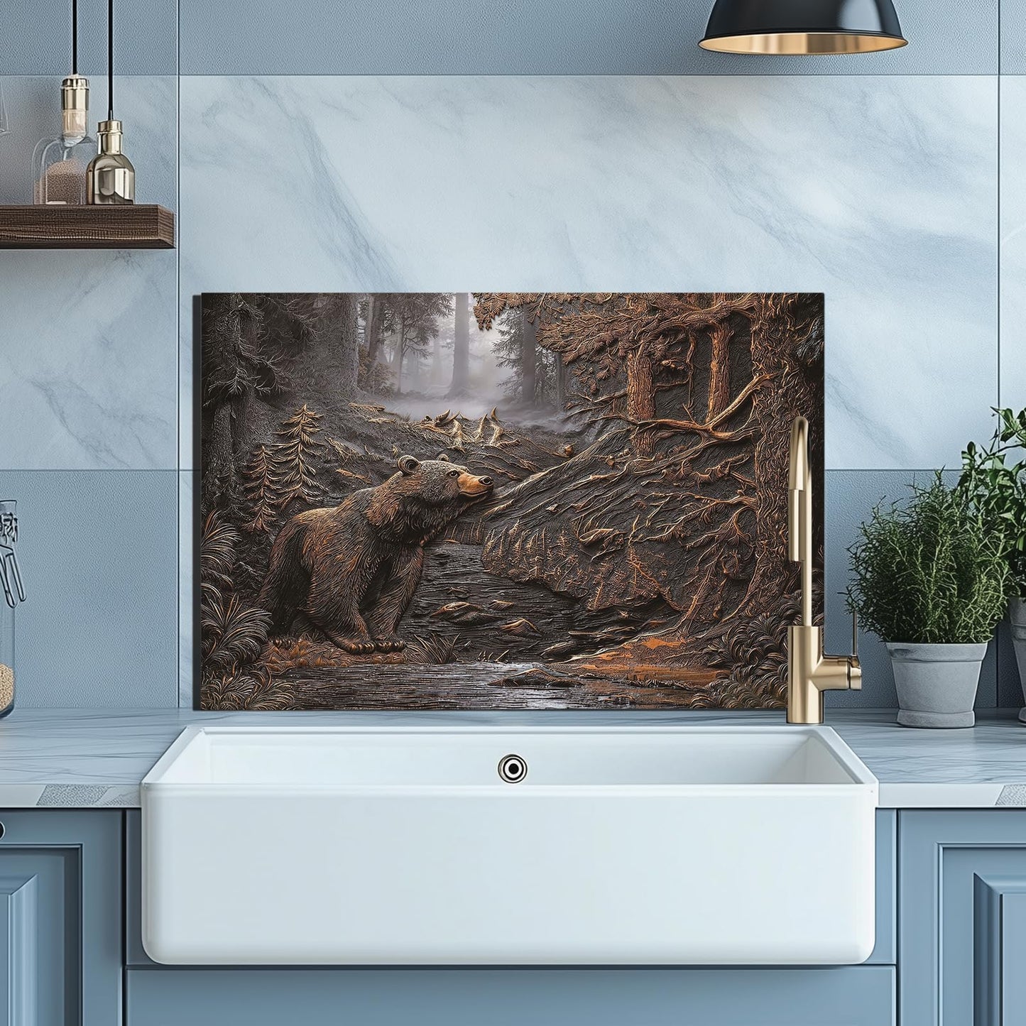 Evgosm Brown bear Tempered Glass Kitchen Backsplash, Easy-to-Clean Kitchen Sink Cover with Splash Shield, Home Kitchen Decor (30 inches x 20 inches).
