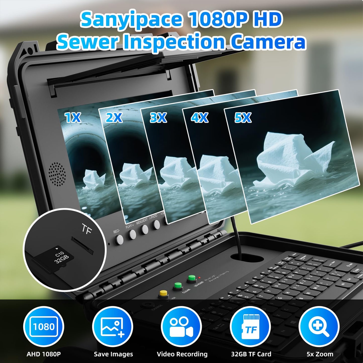 Sanyipace Sewer Camera with 512Hz Transmitter,10" Plumbing Camera with Distance Counter, IP68 Camera with 12 Adjustable LEDs,32GB DVR for Sewer Line,Home,Duct Drain Pipe Plumbing（100ft/30m,7mm Cable