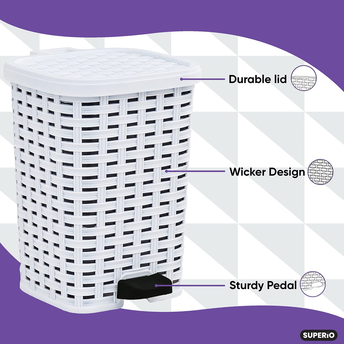 Superio Small Outdoor Trash Can with Lid for Dog Poop 3 Gallon/12 L Mini Plastic Garbage Can with Foot Pedal for Bathroom, Bedroom, Office, Patio, Wicker White, 5 Pack