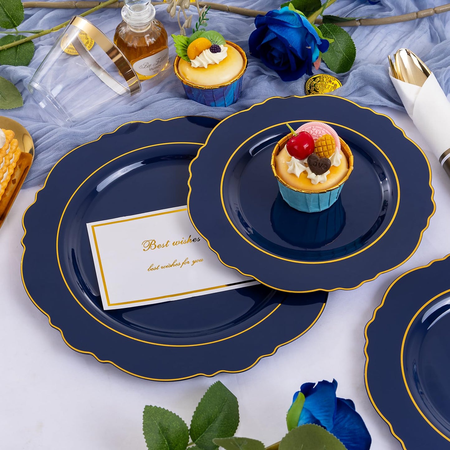 Liacere 350PCS Navy Blue Plastic Plates-Disposable Blue Gold Plates 50guest Plastic Dinnerware include 100Plates,50Pack Pre Rolled Napkins with Silverware 50Cups for Graduation & Memorial Day