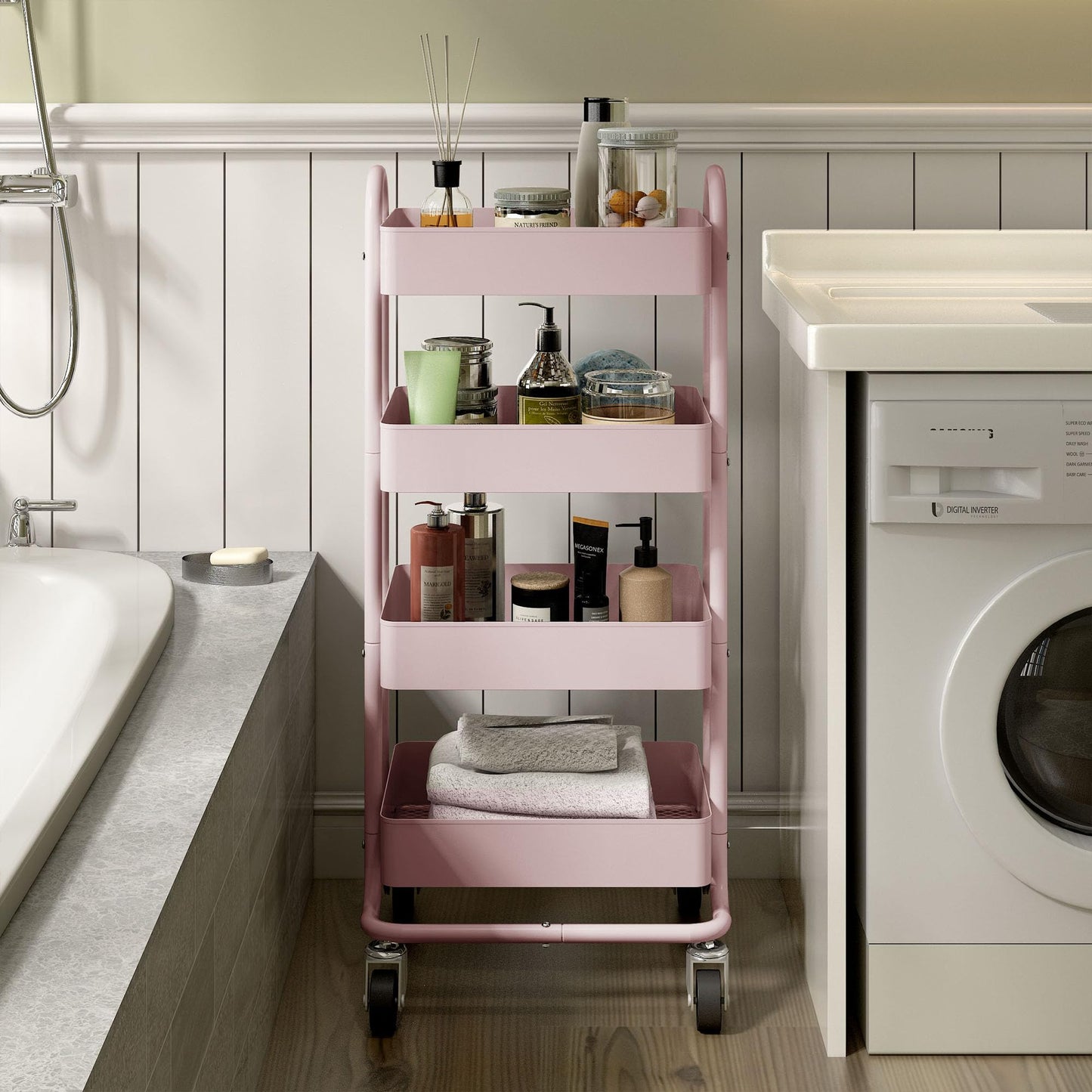 Elitehouse 4 Tier Metal Rolling Cart Pink Utility Cart with Wheels,Rolling Pink Cart for Office,Home,Kitchen,Garden（13.4"x18.1"x40"）