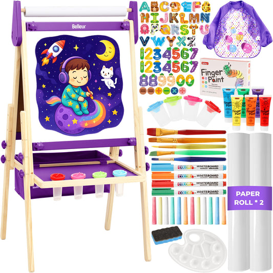 Belleur All-in-One Art Easel for Kids, Adjustable Double Sided Easel for Toddlers with Magnetic Whiteboard & Dry-Erase Chalk Board & Paper Roll, Child Painting Easel for Kid 2-8 Birthday Gift-Purple