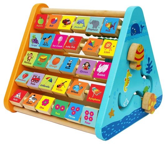 TOWO Wooden Activity Centre Triangle Toys - flip Flop Alphabet Blocks Abacus Clock - Activity Cube for Toddlers 5 in 1- for Babies Montessori Learning-Wooden Toys for 1 Year Old