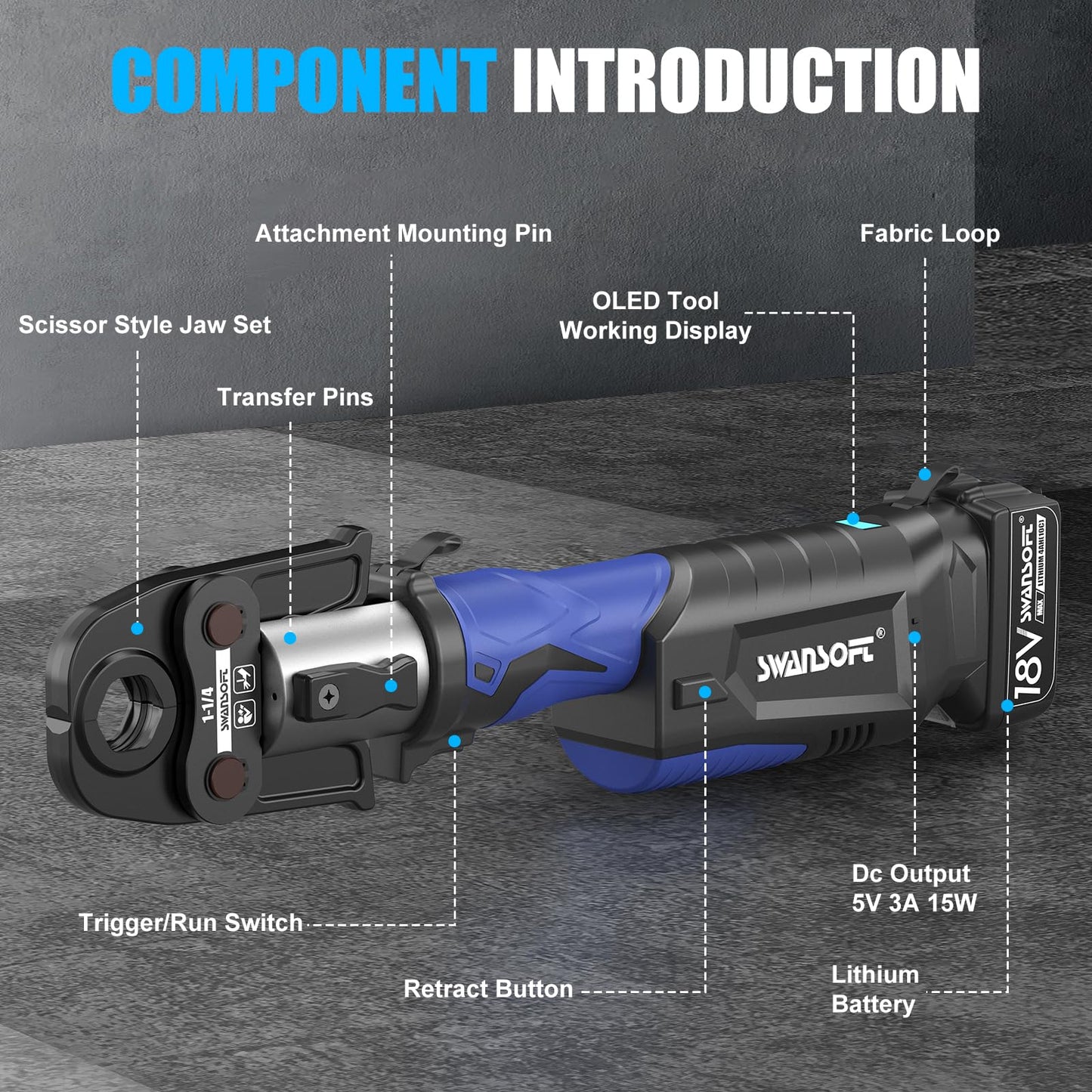 SWANSOFT Pro Press Tool, Copper Pipe Crimping Tool with 18V 4Ah Battery Pro Press Copper Crimper Tool with 4 US Standard Jaws 1/2", 3/4'', 1", 1-1/4", Electric Hydraulic Plumbing Crimping Tool - Blue