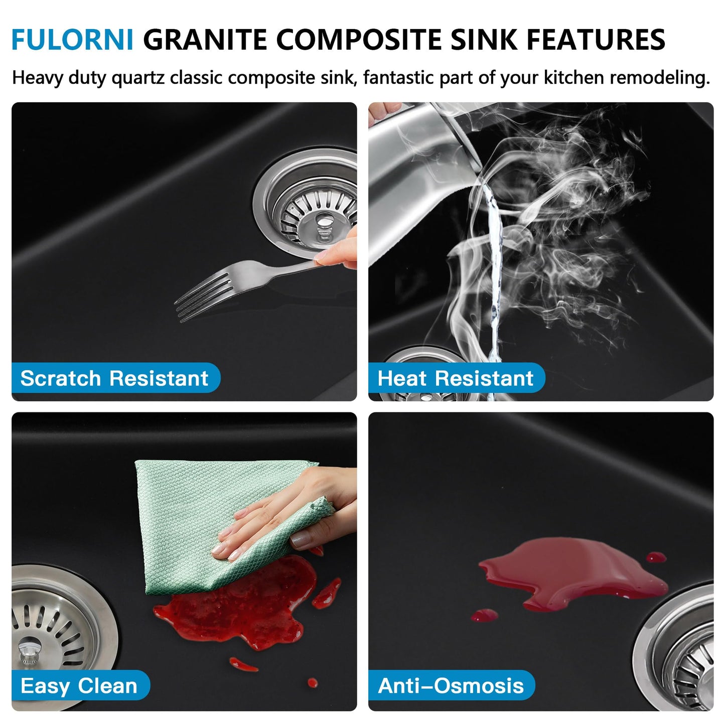 Fulorni 32"x19" Granite Composite Kitchen Sink - Undermount Matte Black Ledge Workstation Quartz Classic Under Counter Single Bowl Sink Basin