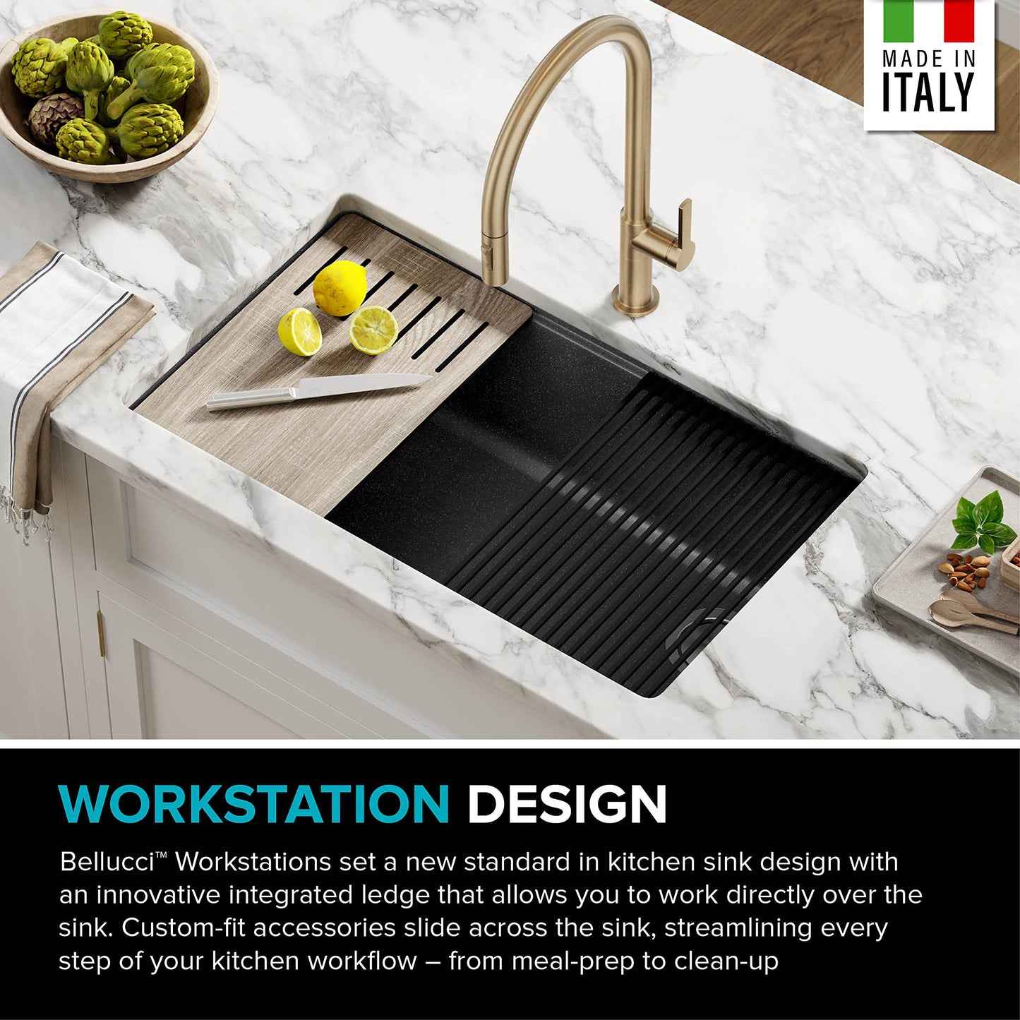 KRAUS Bellucci 32” in. Undermount Workstation Granite Kitchen Sink in Metallic Black with Accessories, KGUW2-33MBL