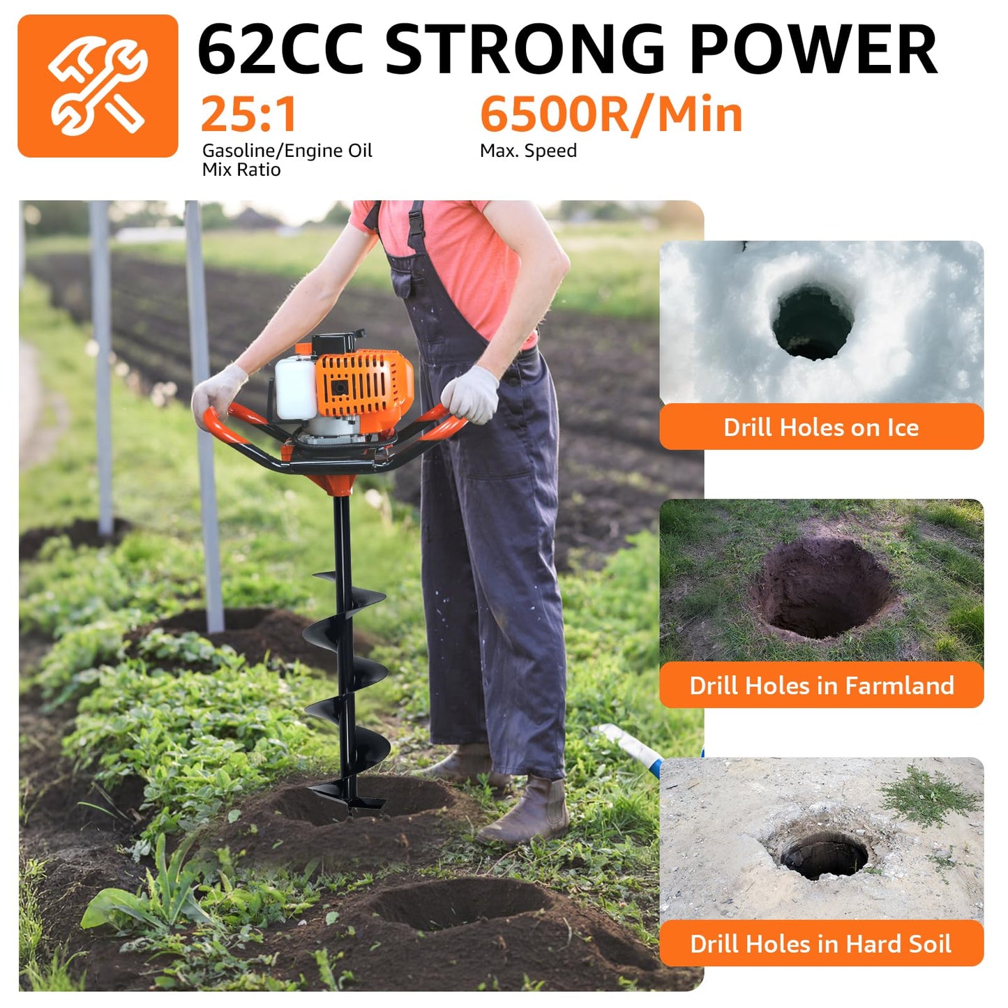 XJADQW 62CC 2-Stroke Gas Powered Post Hole Digger with 3" & 5" & 8" Auger Bits + 24“ & 24" & 24" Extension Rod, Heavy Duty Earth Auger for Farm, Garden, Landscaping, Construction
