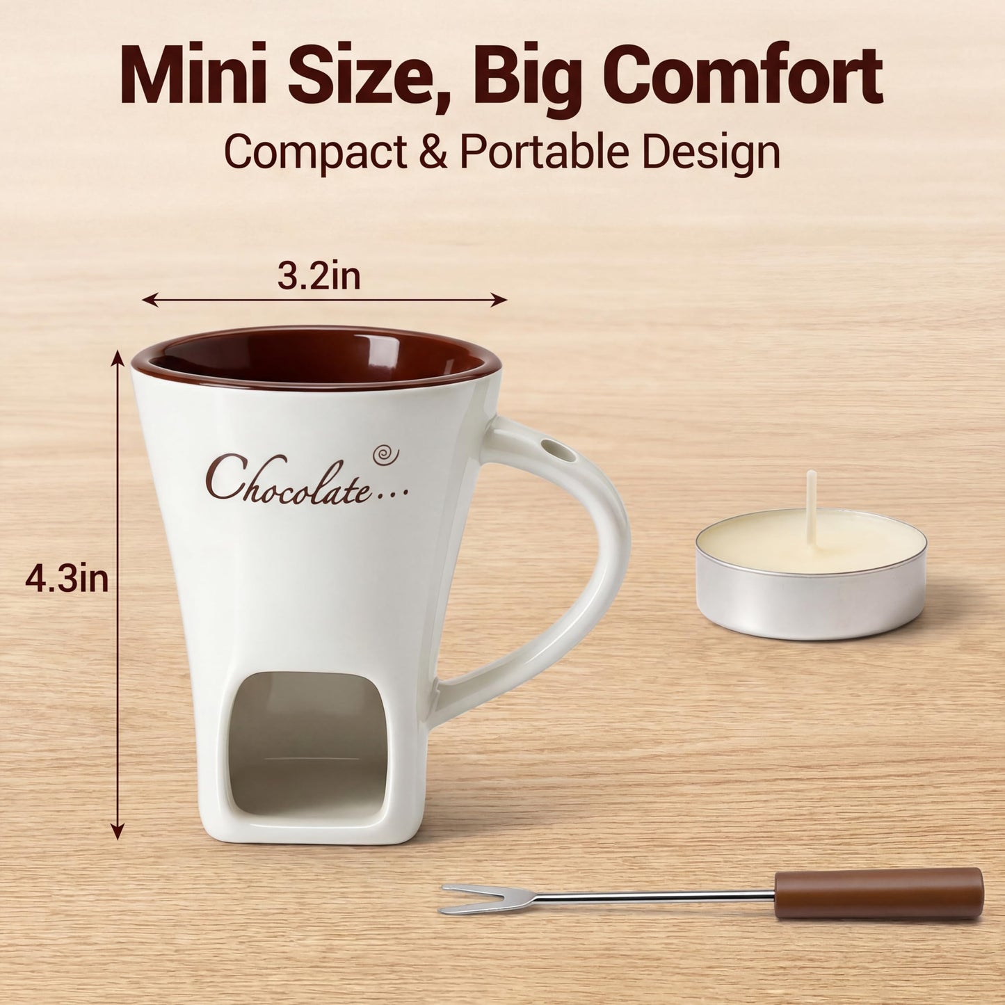 Fondue Mug Set for Chocolate Ceramic Melting Cups Tealight, Mini Fondue Pot Kit with Fork & Candle,Candy warmer, Perfect Gift for Date Nights Valentines Birthday Wedding Gift Dessert lovers (1, White)