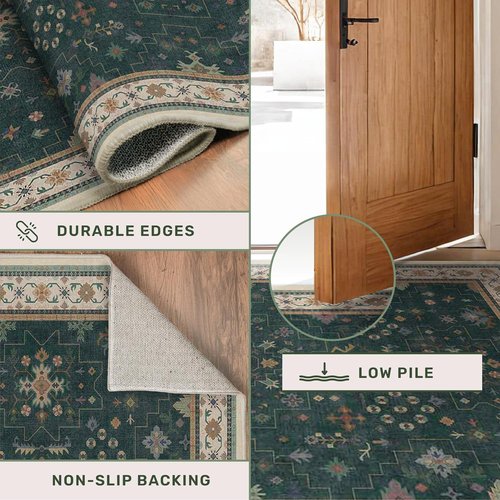 Hazo Haus Vintage 2x7 Washable Runner Rug - Non-Slip, Stain Resistant | Dark Green Floral Design for Kitchen & Hallway