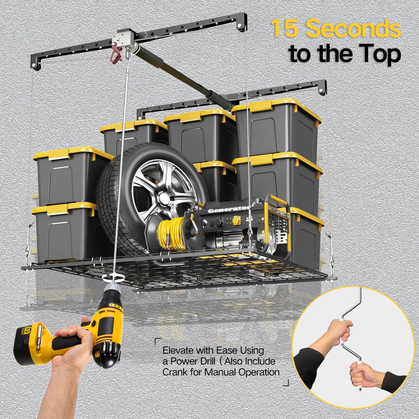 Overhead Garage Storage Rack for 10-12ft Ceiling, Heavy-duty 4x4 FT Garage Ceiling Storage Racks with Safety Lock, Ideal for Storage Mounted Lift System and Storage Organizer, 250lbs Capacity