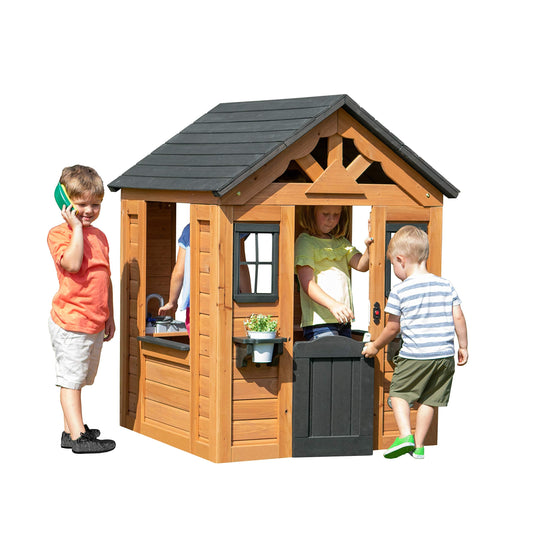 Backyard Discovery Sweetwater Cedar Wooden Kids Playhouse Cottage with Play Kitchen, Snack Bar, Half Door, Toy Phone, Windows, Flowerpot Holders, and Working Doorbell for Outdoor Imaginative Play