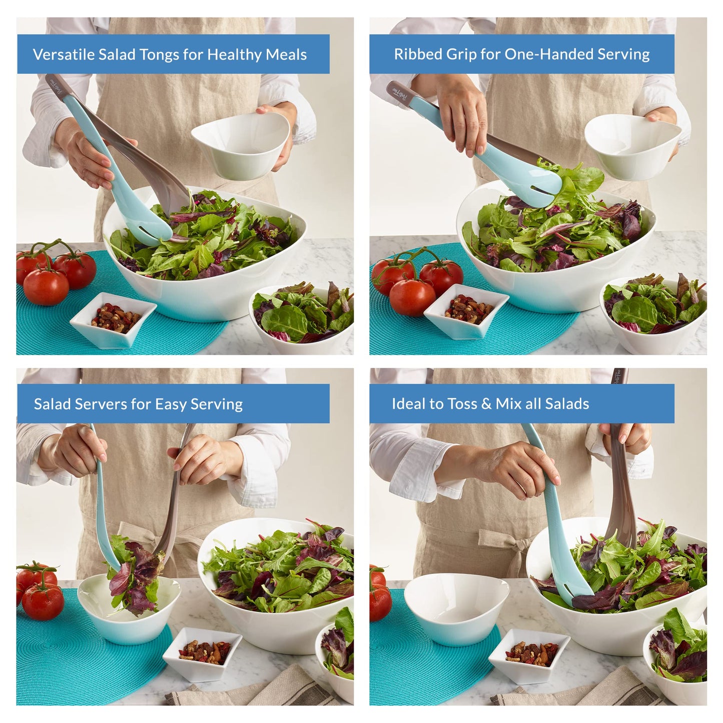 PortoFino Salad Tongs for Serving, Salad Serving Utensils, 2 in 1 Salad Tosser, Salad Serving Tools, Lightweight, Nesting Design Easy to Store, Dishwasher Safe, Plastic, Blue