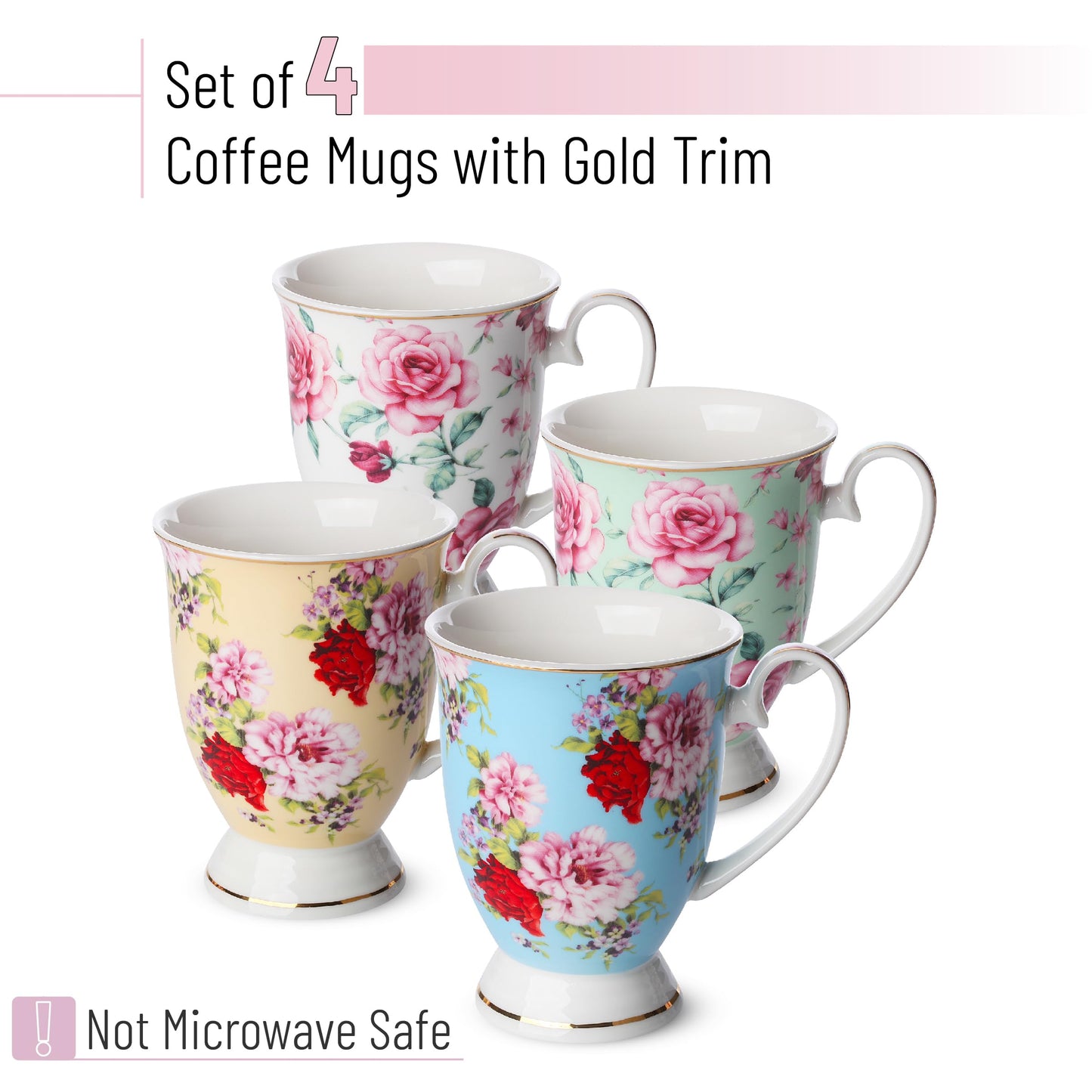 BTaT- Large Coffee Mugs, 12 oz, Set of 4, Floral Mugs for Coffee Cups Set, Porcelain Bone China, Tea Mug,