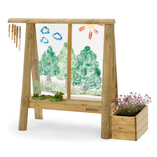 Plum® Discovery Art Easel for Kids- Outdoor Wooden Painting Easels with Paint Brush and Accessories, Learning Toys for Toddlers, Wood Planter Box, Easy to Clean, Durable, Weatherproof, Ages 3+