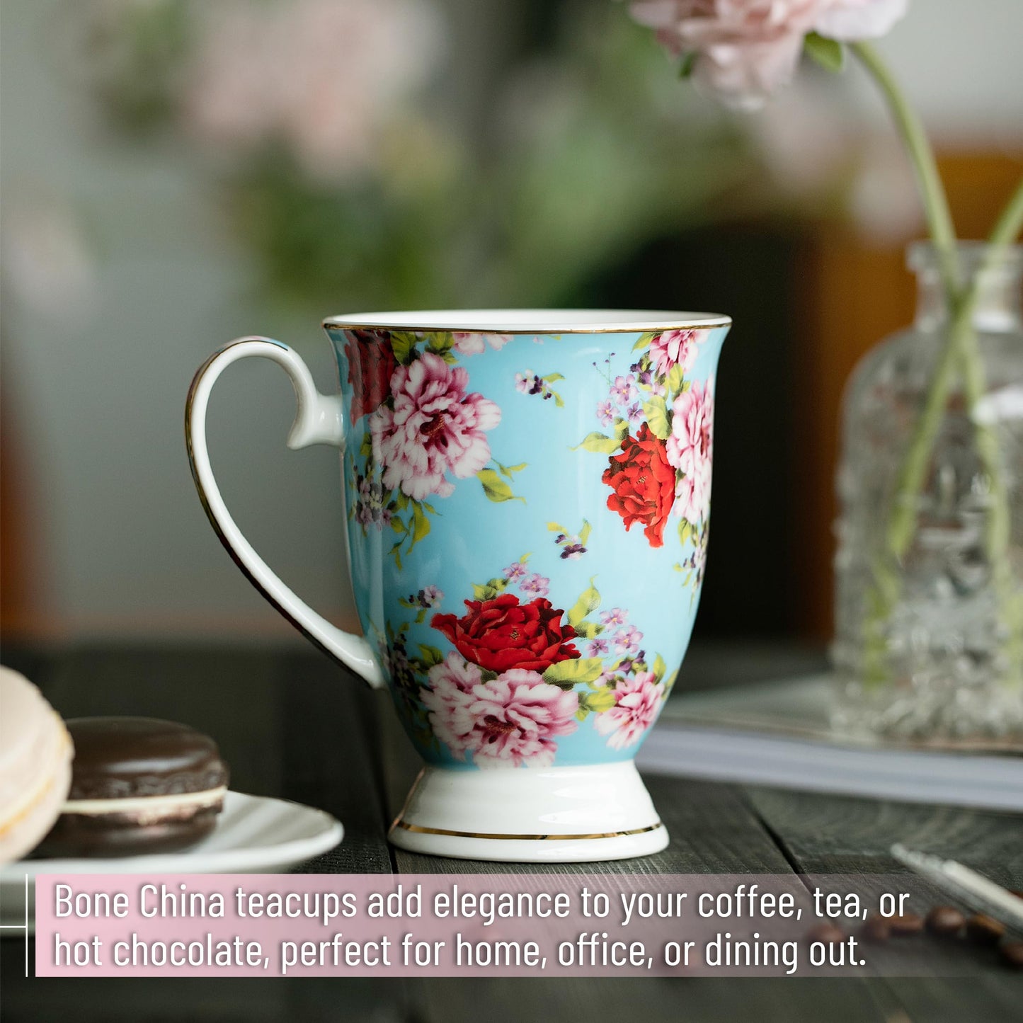 BTaT- Large Coffee Mugs, 12 oz, Set of 4, Floral Mugs for Coffee Cups Set, Porcelain Bone China, Tea Mug,