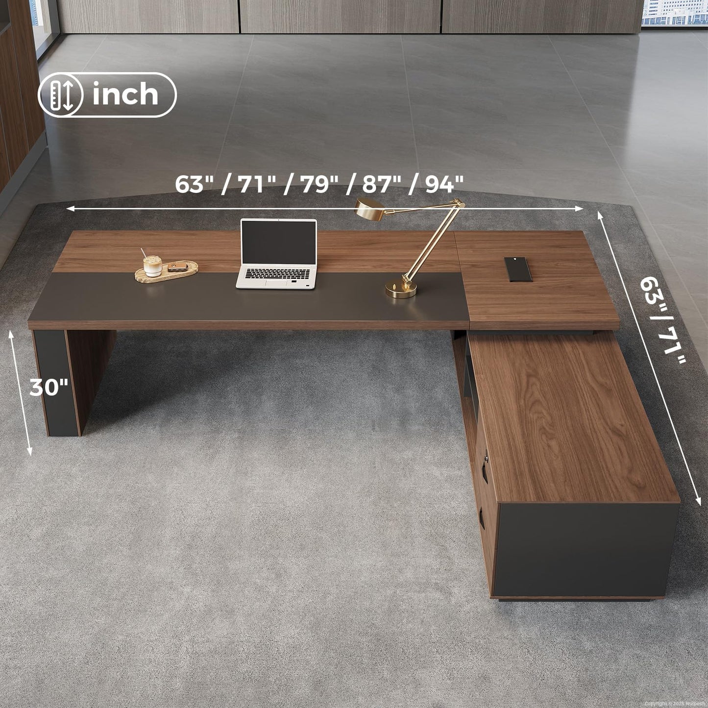 Nuipesn 71-Inch Reversible L-Shaped Executive Desk with Power Outlet & LED Lighting, Large Modern Office Desk with Drawers & Storage Shelves for Home & Office, Red Walnut & Iron Gray