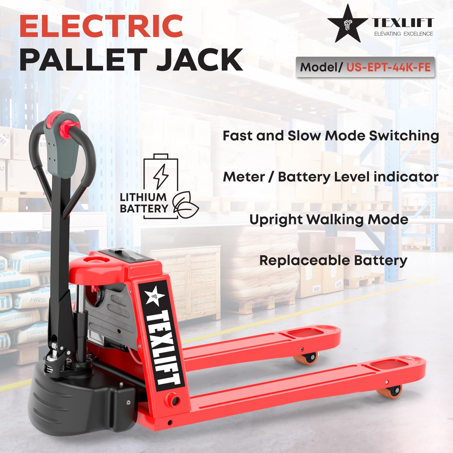 TEXLIFT Full Electric Power Pallet Jack – Standard Duty Pallet Truck 4400 Lb Capacity, 48” L x 27” W Fork Size, Plug-in 48V/15A Lithium Battery – Max Lift Height 7.8 Inch - (US-EPT44K-FE)