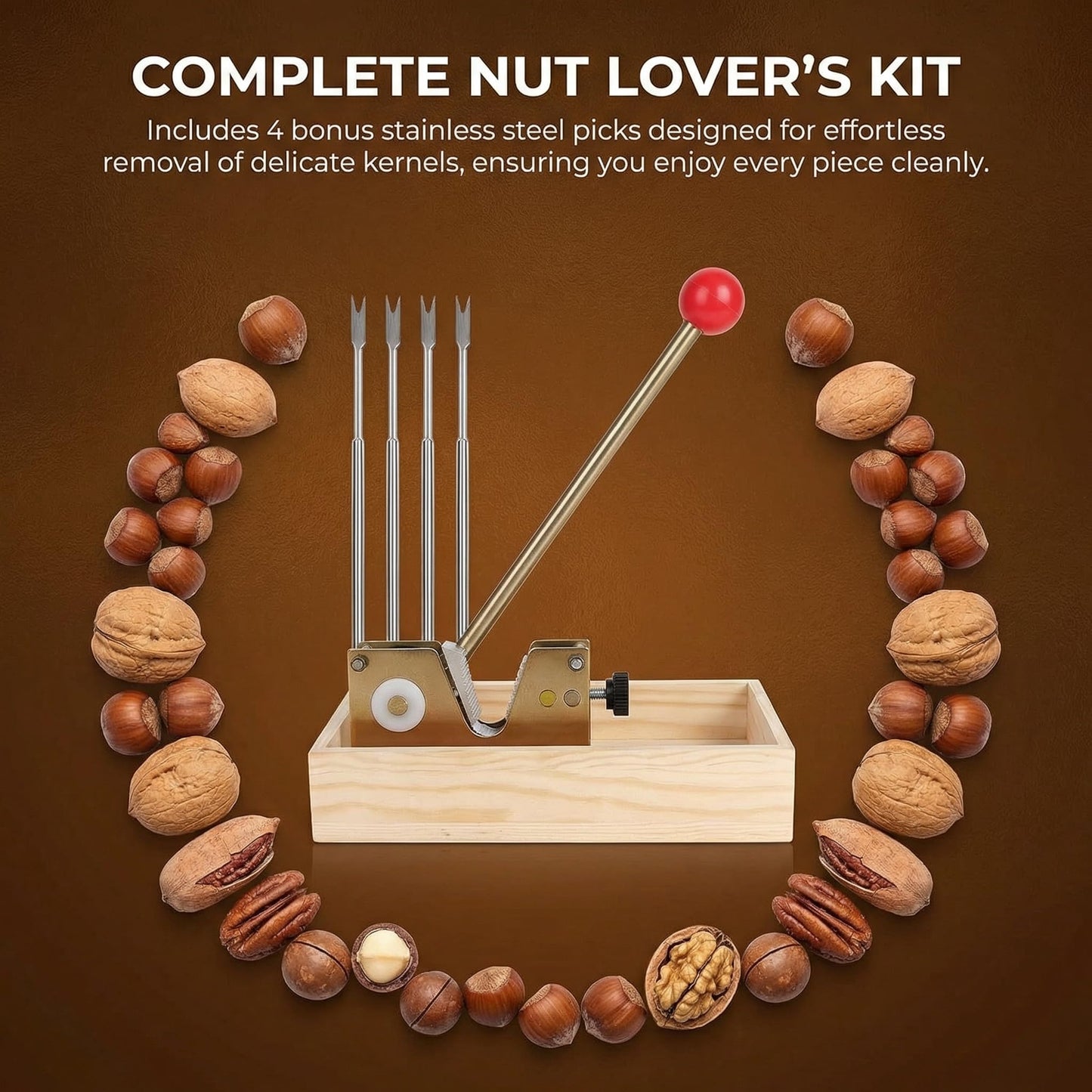 Nut Cracker Tool with Adjustable U-Groove - All-in-One Set with Wooden Storage Base & 4 Steel Picks for Pecans, Walnuts, Macadamia & More