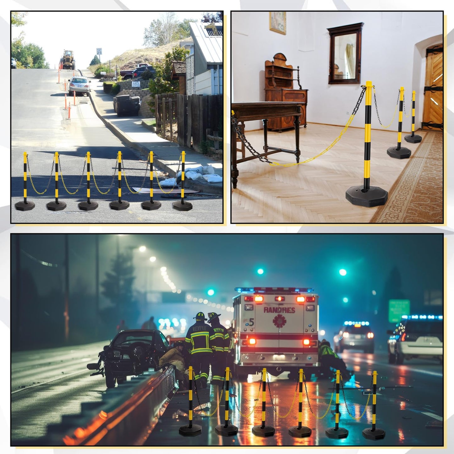 Konohan 6 Sets 34 Inch Parking Cone Delineators Post Traffic Cone Plastic Stanchion Set Stands Parking Barrier with Base 6.6 ft Chain S Hooks Reflective Collar (Yellow,Black)