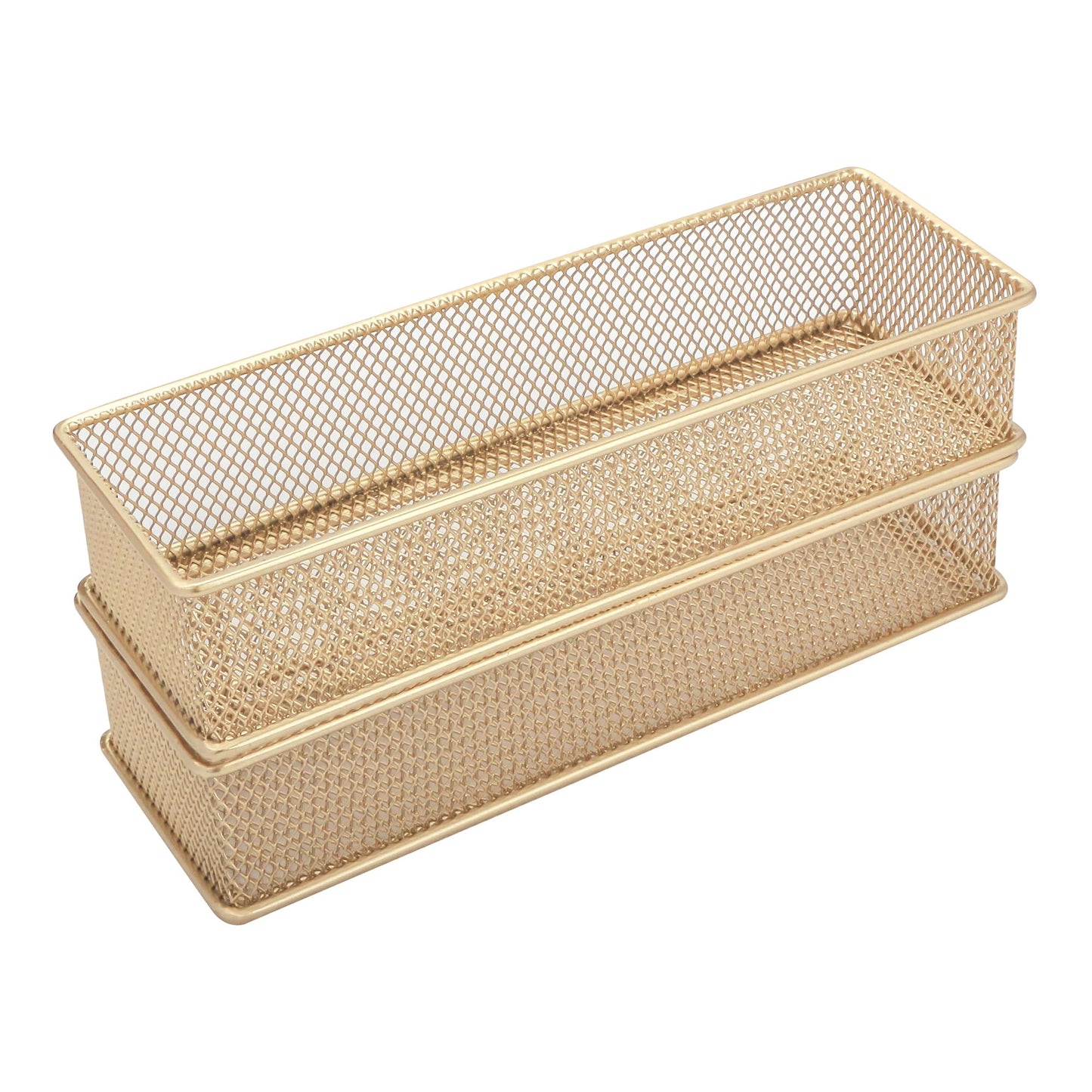 Annova Mesh Stackable Drawer Cabinet and Shelf Organizer Bins Storage Basket School Office Supply Holder Tray- Set of 2 (Gold, 3x9x2 Inch)