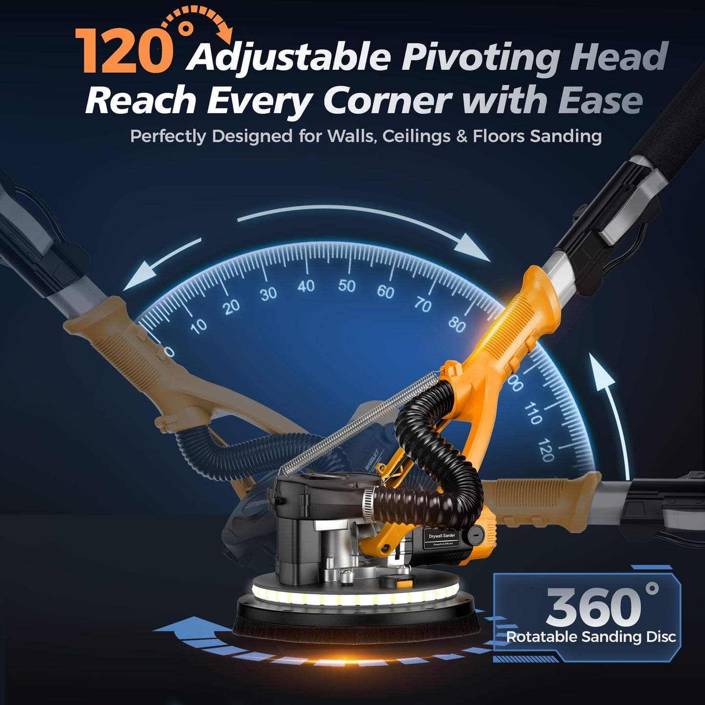 MAKELIFT Drywall Sander with Vacuum Dust Collector, 880W 7.33A Popcorn Ceiling Removal Tool, LED Light, 5 Variable Speed 1000-2100RPM, Foldable & Extendable Handle, 12 Sanding Discs