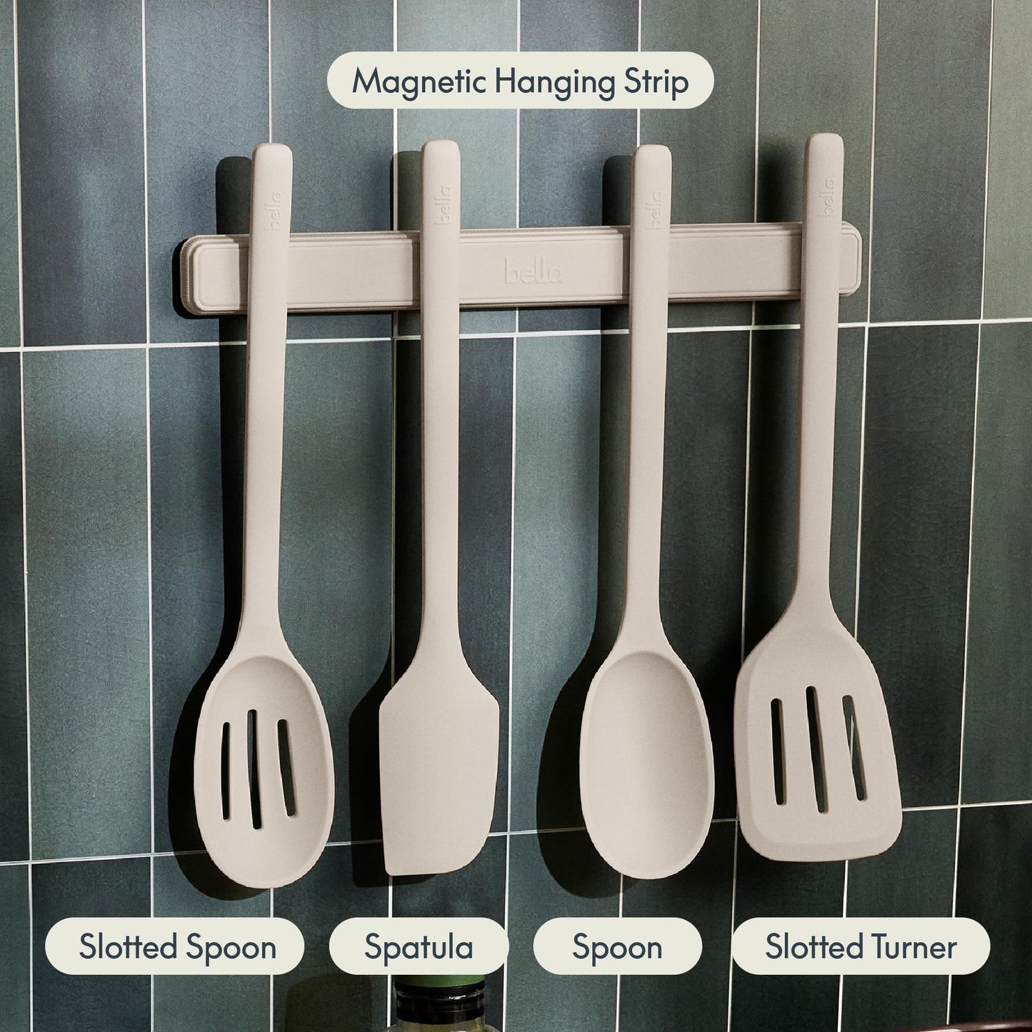 bella 5-Piece Kitchen Tool Set with Magnetic Rack, Silicone, Turner, Spoon, Slotted Spoon, Spatula, Utensil Holder, Magnetic Holder, Non-toxic*, Food-grade, Heat safe to 425°F, Dishwasher Safe, Slate