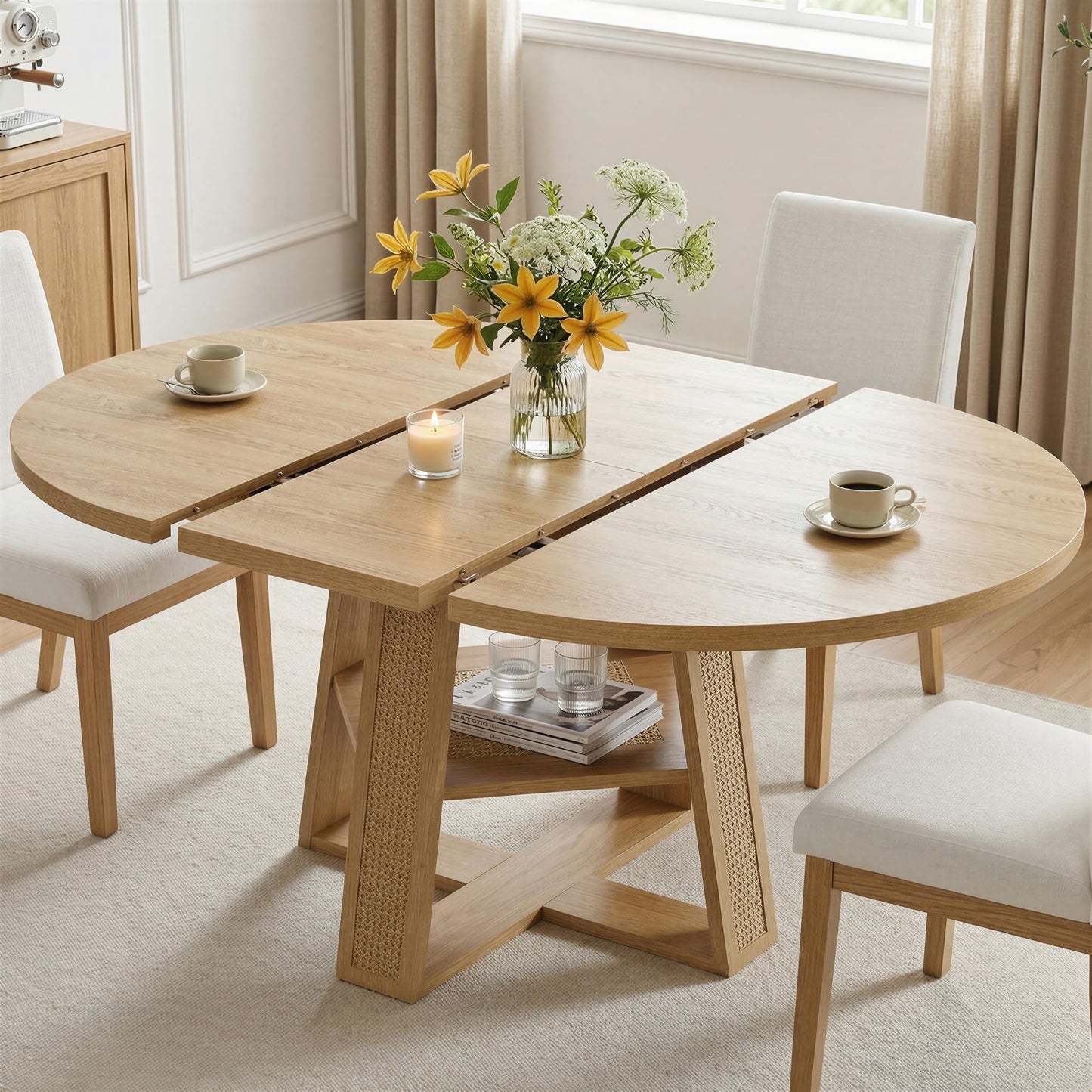LIKIMIO 43"-59" Extendable Round Dining Table for 4-8, Transformer Oval Dining Room Table with Removable Leaves Space Saving, Wood Base Modern Kitchen Table with Storage Shelf for Living Room, Natural