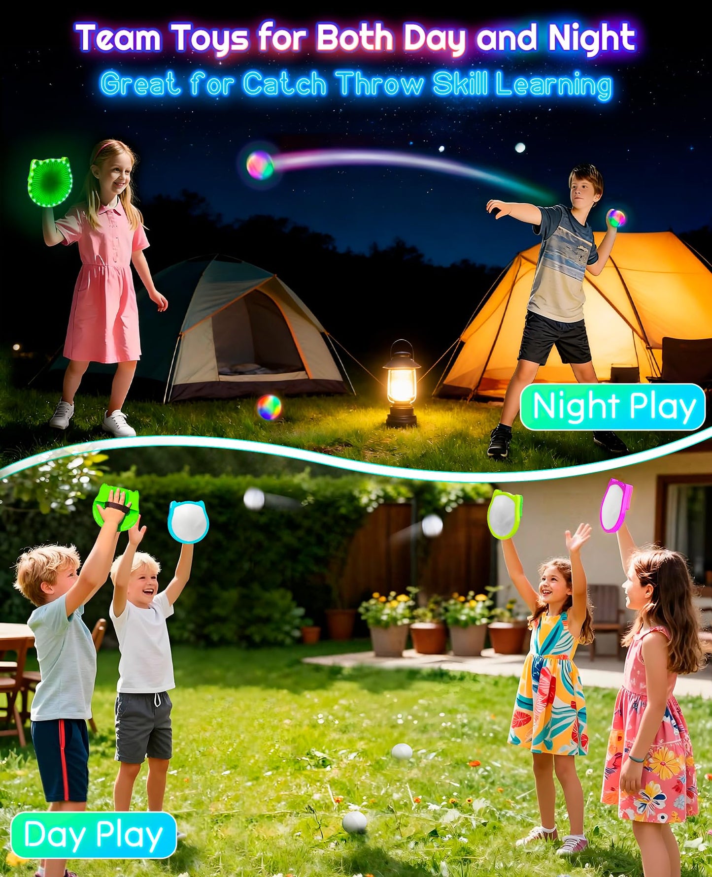 Elecdemic 3D LED Light Up Toss Catch Ball Game Set Fidget Toys Baseball Gifts Outdoor Outside Backyard Party Glow in the Dark Sticky Paddle Mitt Age 3 4 5 6 7 8 9 10 11 12 Year Old Boy Girl Kids Adult