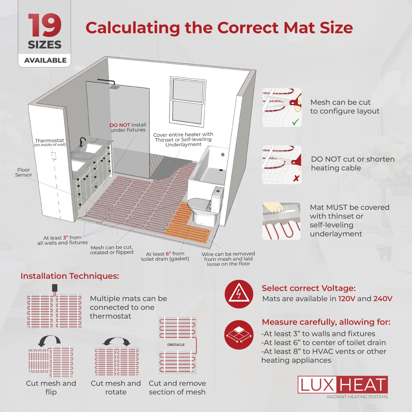 LuxHeat 35sqft Floor Heating Mat Kit - 120v Heated Tile Floor Kit - Complete Electric Radiant Heated Flooring System Includes Alarm, UDG4 Touchscreen Programmable Thermostat w/GFCI & Flooring Sensor