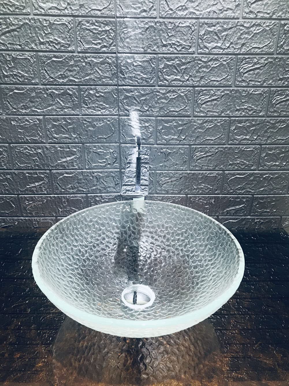 FANWIN STAR Pearl Series Glass Vessel Sink In Ice Top Raindrop Mount Sinks Above Countertop | Vanity Countertop Clear Transparent Sink Bowl with Pop Up Drain | FW-LA623