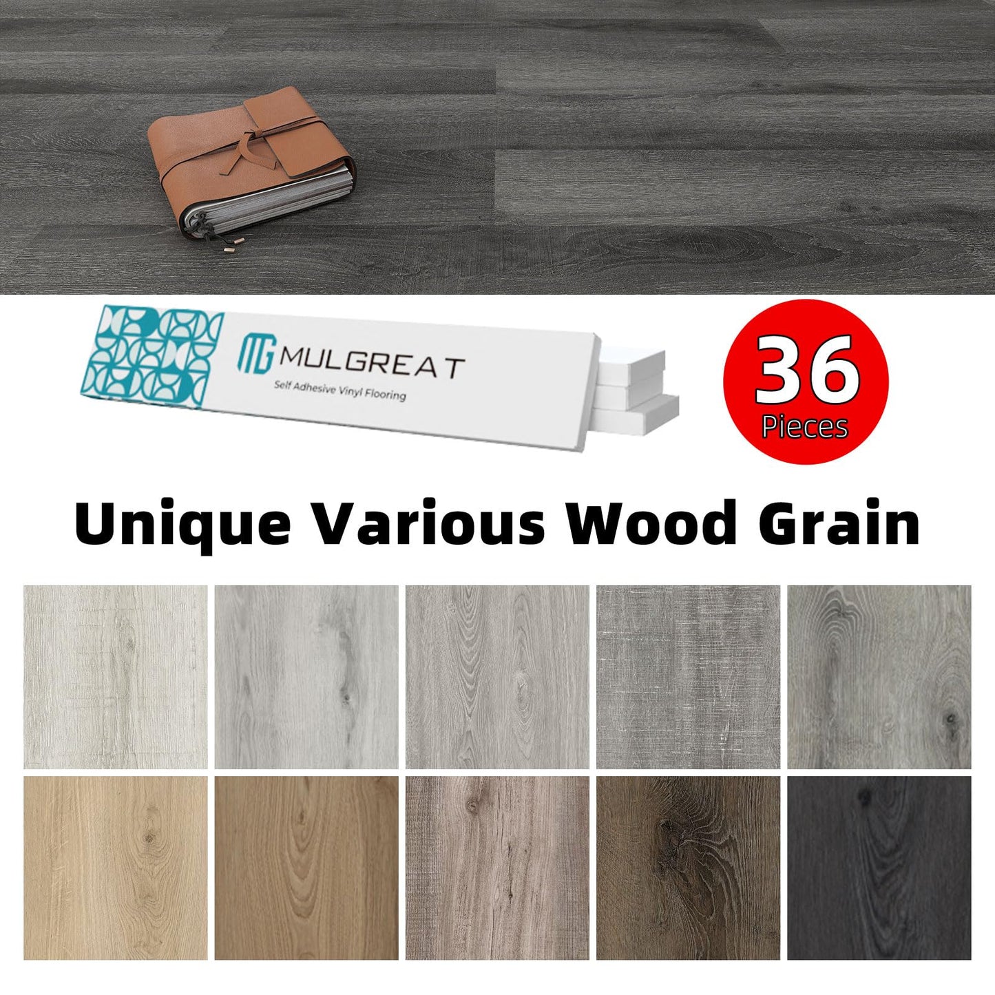 MULGREAT Peel and Stick Floor Tile, 54 Sq.Ft 36 Pieces 36"x6" Long Vinyl Flooring, 1.5mm Thick Waterproof Renter Friendly Self Adhesive Vinyl Plank Flooring for Bedroom RV Kitchen (Grey Oak)