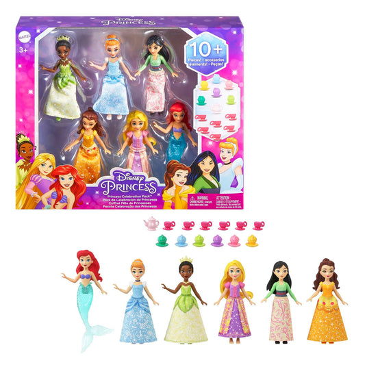 Mattel Disney Princess Toys, Small Doll Party Set with 6 Posable Dolls in Sparkling Clothing & 13 Tea Time Accessories