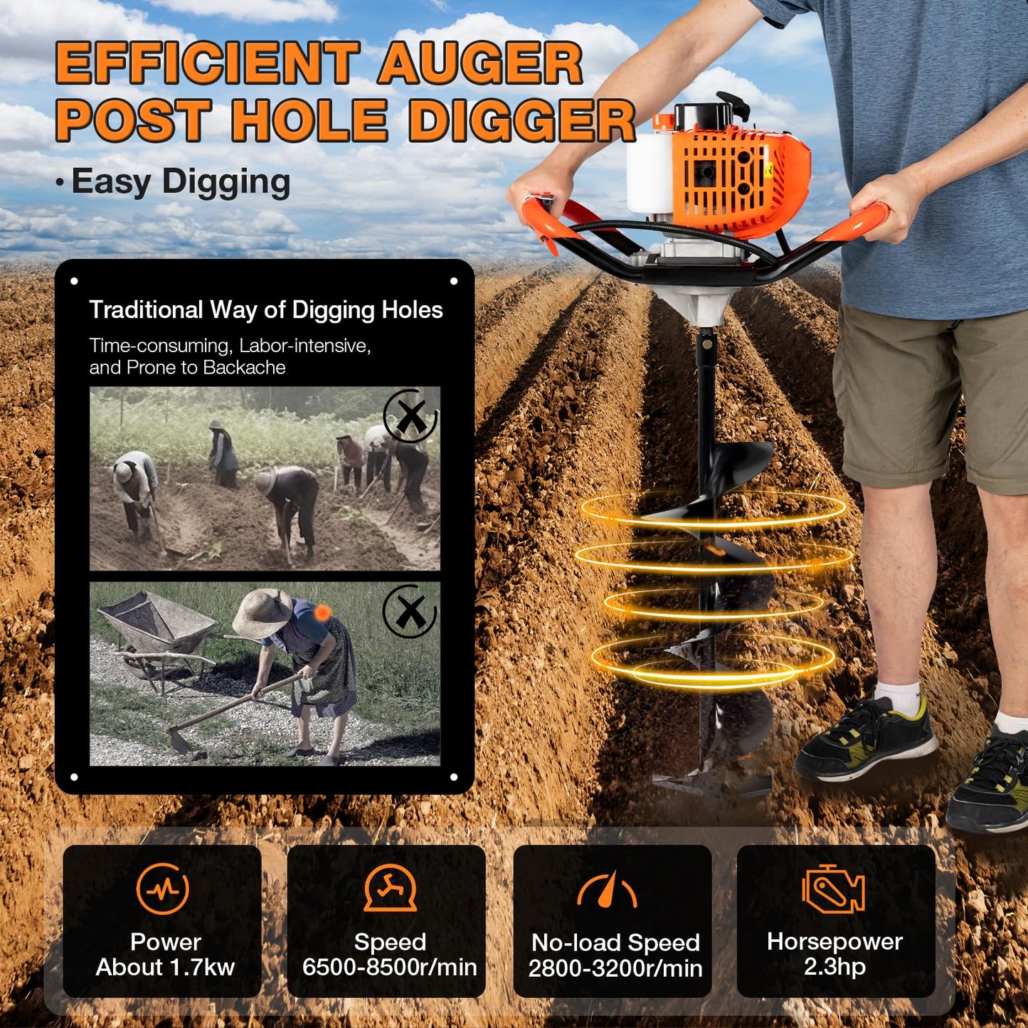 52cc 1700W Auger Post Hole Digger Gas Powered with 3 Drill Bits 4" 6" 8" & Extension Rod Kit for Farmland, Garden and Plant