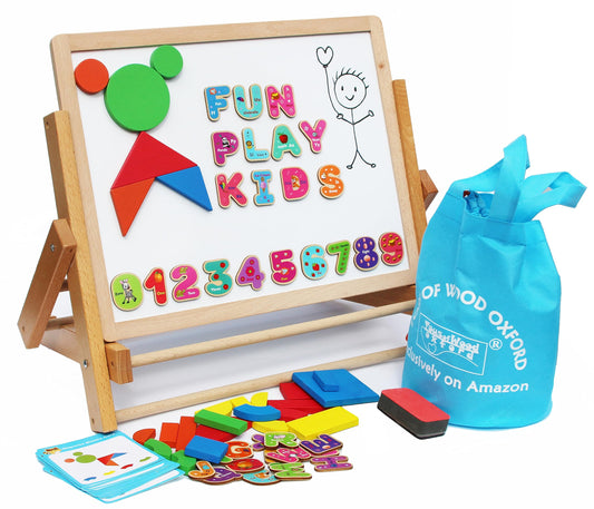 Toys of Wood Oxford TOWO Wooden Easel for Children Foldable Double Boards Magnetic Shapes Letters Numbers and Paper roll Kids Art Easel -Table Top Magnetic Board for Kids