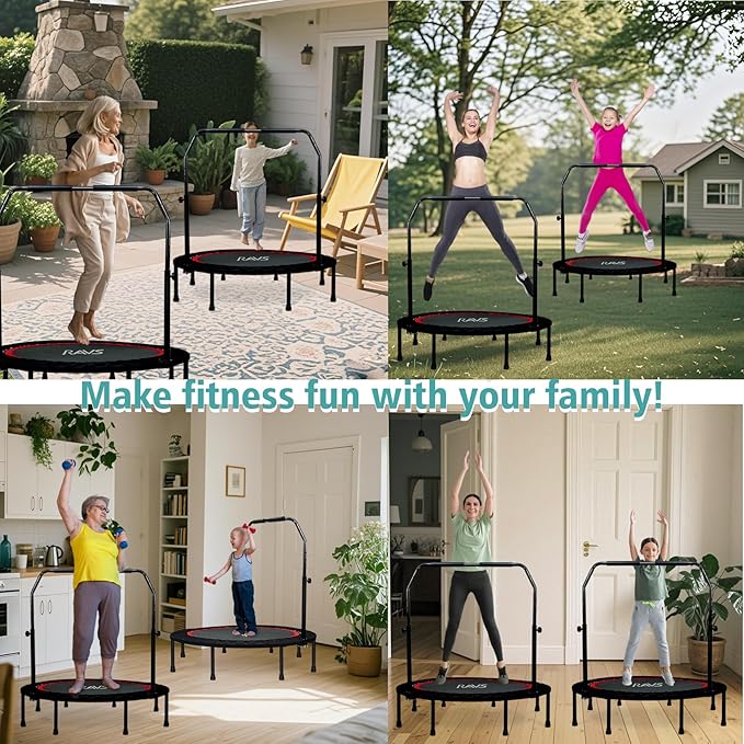 RAVS Mini Trampoline for Kids Adults 40"/48" Foldable Fitness Rebounder Kids Trampoline with 5 Levels Height Adjustable Handle Resistance Bands Indoor Workout