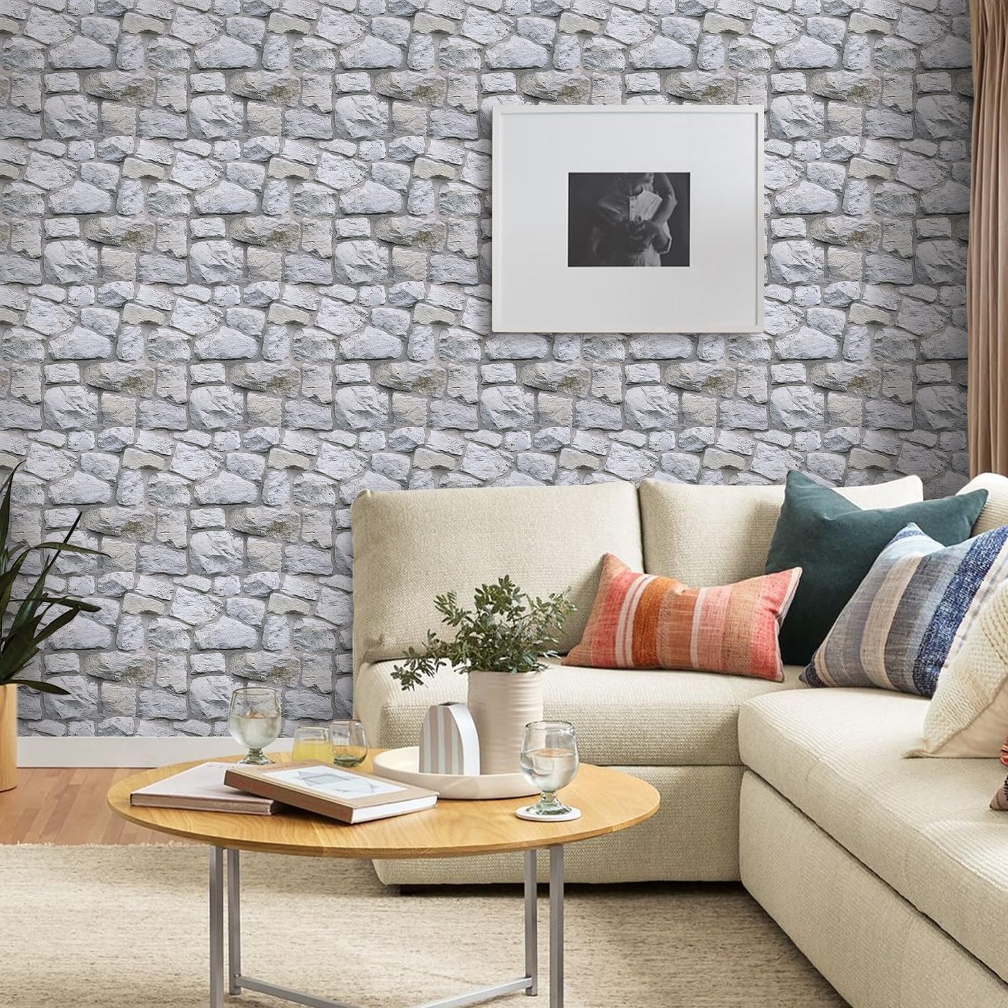 SMOOSTIKC 3D Faux Stone Wall Panels Peel and Stick Whitewash, 10 Pcs 11.8" x 11.8", Stone-Look Textured Wall Sticker, Ultra-Light Thin PVC Fake Stone Wall Covering Tiles for Quick DIY